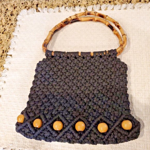 Vintage Boho Black Macrame Purse with Wood Beads & Rattan Handle - Picture 1 of 5